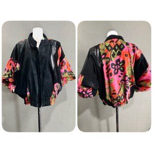 Vintage CACHE Black Leather and Silk Art to Wear Bomber Jacket Size Large